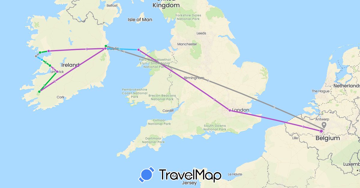 TravelMap itinerary: driving, bus, plane, train, boat in Belgium, United Kingdom, Ireland (Europe)